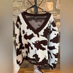 Davi & Dani Cow Print Oversized V-Neck Sweater 2XL Brown & Cream